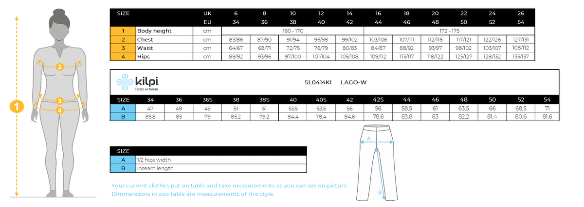 Women´s outdoor pants Kilpi LAGO-W – Size chart