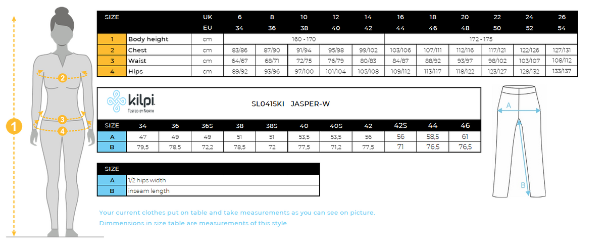 Women´s outdoor pants Kilpi JASPER-W – Size chart
