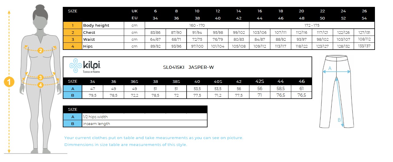 Women´s outdoor pants Kilpi JASPER-W – Size chart