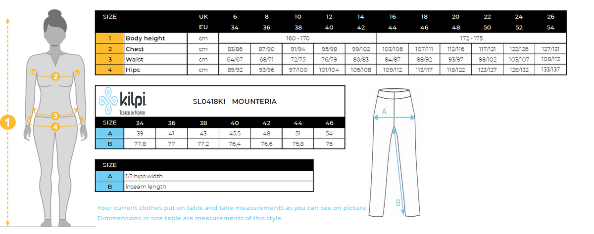 Women´s outdoor pants Kilpi MOUNTERIA-W – Size chart