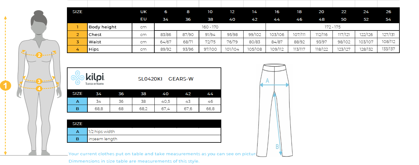 Women´s running leggings KILPI GEARS-W – Size chart