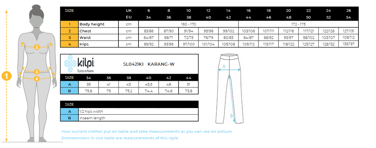 Damen Langlauf-Leggings Kilpi KARANG-W – Größentabelle