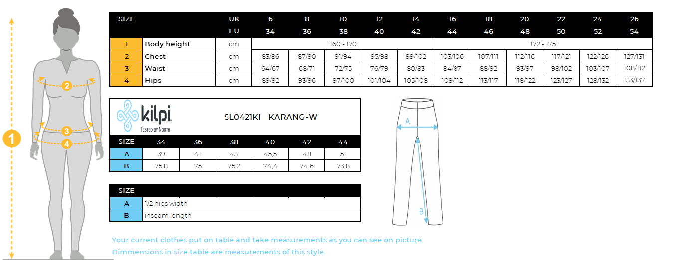 Damen Langlauf-Leggings Kilpi KARANG-W – Größentabelle