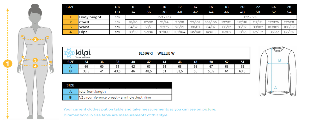 Damen-Unterhemd Kilpi WILLIE-W – Größentabelle