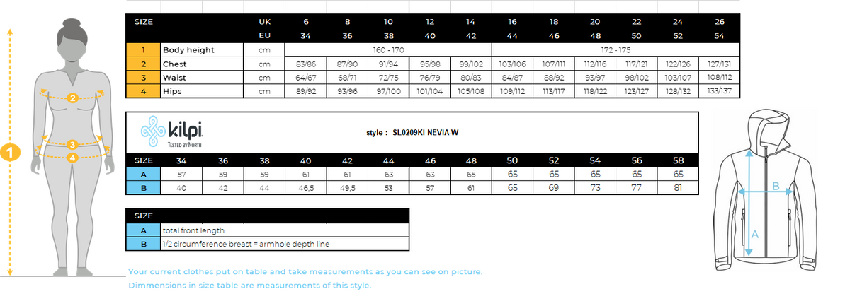 Isolierte Mittelschicht für Damen Kilpi NEVIA-W – Größentabelle