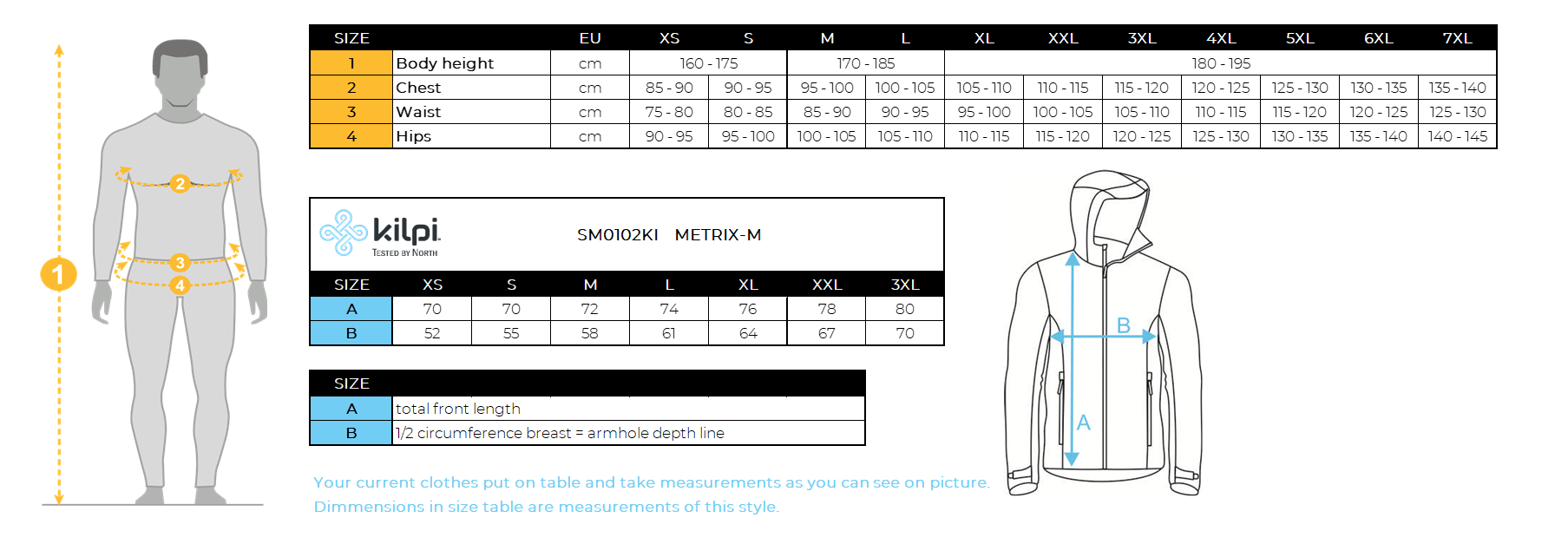 Herren Outdoorjacke Kilpi METRIX-M – Größentabelle