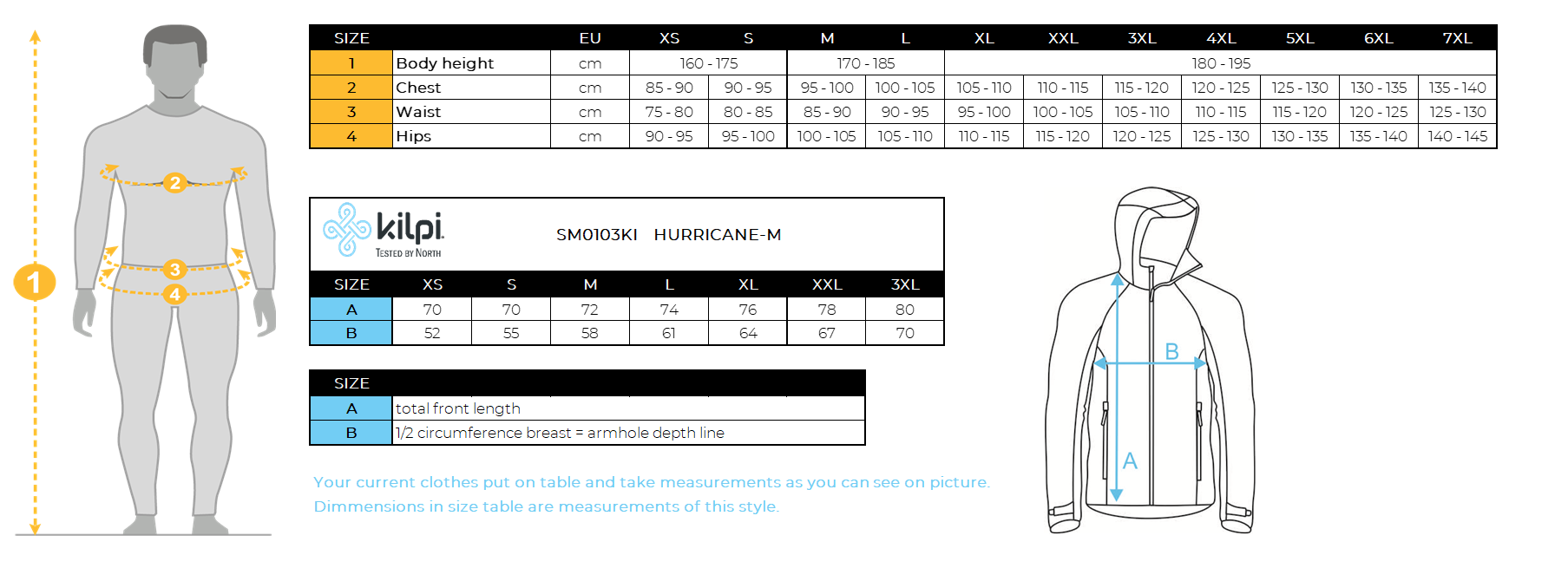 Men´s outdoor jacket Kilpi HURRICANE-M – Size chart