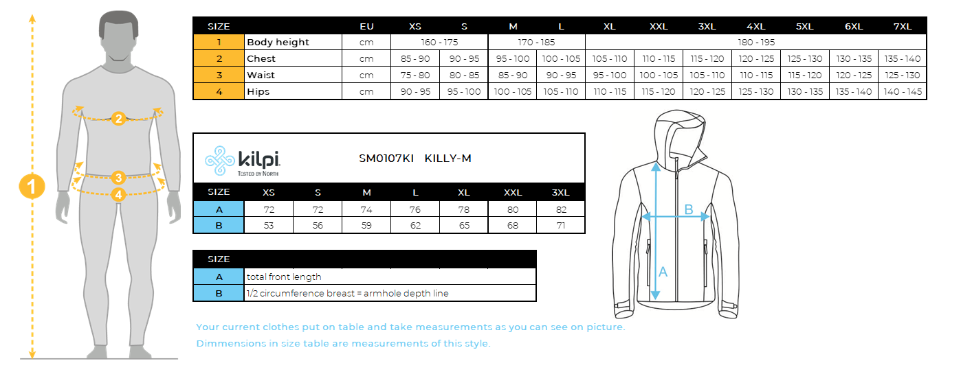 Herren-Skijacke Kilpi KILLY-M – Größentabelle