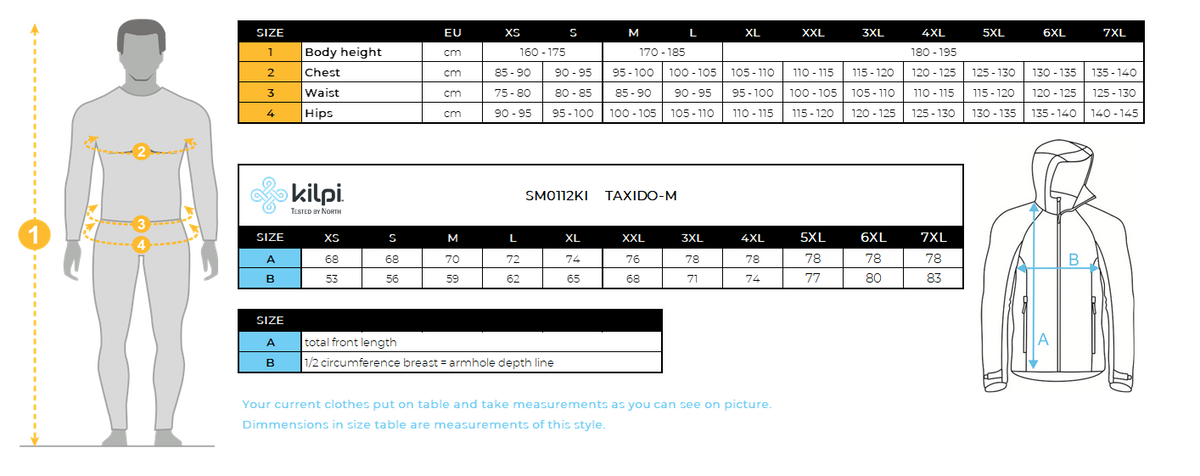 Herren-Skijacke Kilpi TAXIDO-M – Größentabelle