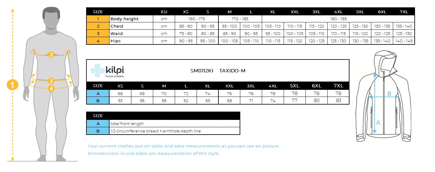 Herren-Skijacke Kilpi TAXIDO-M – Größentabelle