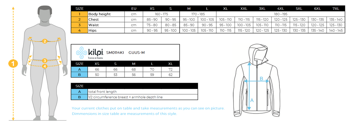 Herren Daunenjacke Kilpi GUUS-M – Größentabelle
