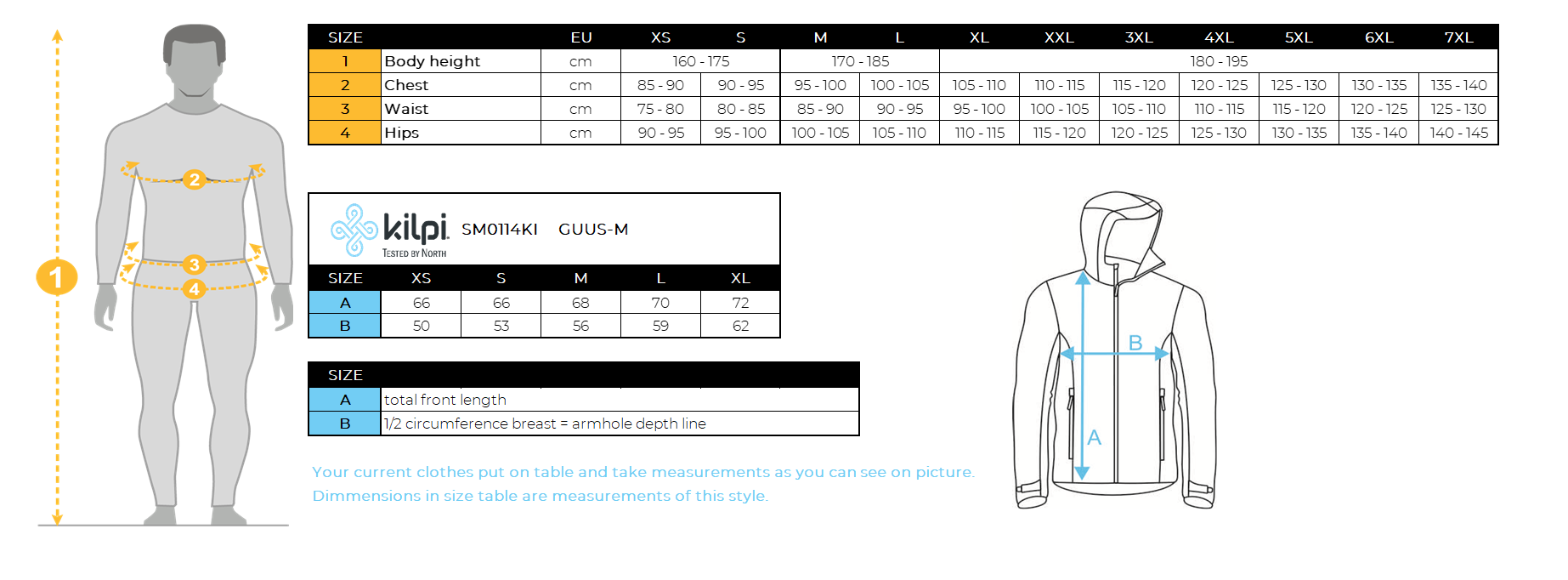 Herren Daunenjacke Kilpi GUUS-M – Größentabelle