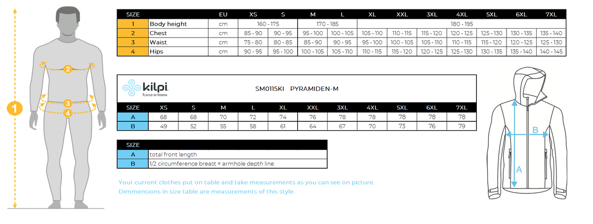 Herren Daunenjacke Kilpi PYRAMIDEN-M – Größentabelle