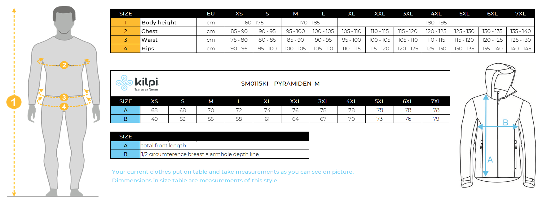 Herren Daunenjacke Kilpi PYRAMIDEN-M – Größentabelle