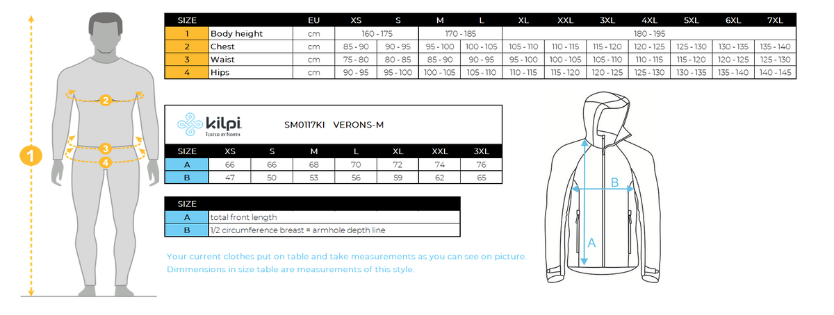 Herren Isolierjacke Kilpi VERONS-M – Größentabelle