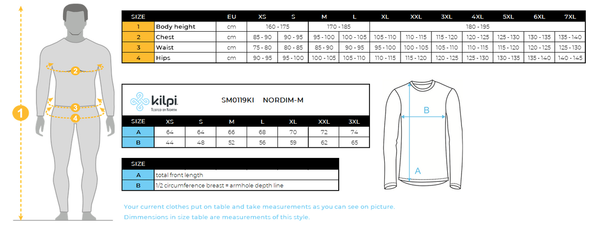 Herren-Laufjacke Kilpi NORDIM-M – Größentabelle