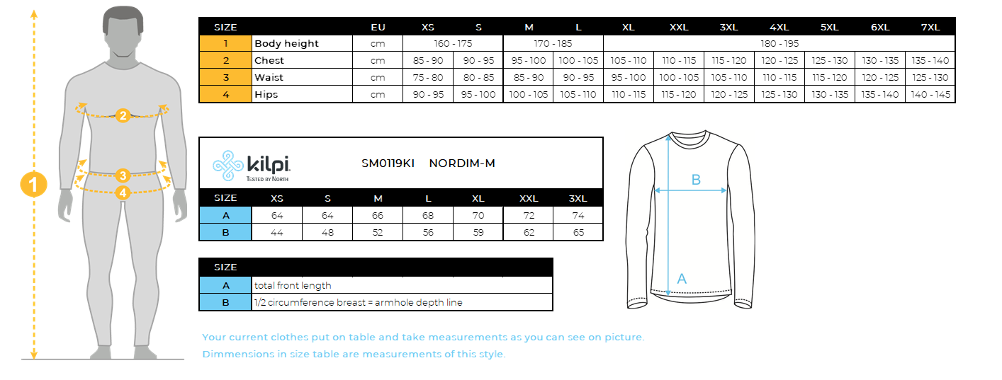 Herren-Laufjacke Kilpi NORDIM-M – Größentabelle