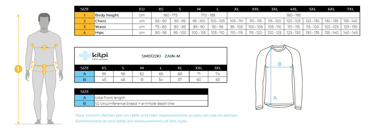 Herren-Softshelljacke Kilpi ZAIN-M – Größentabelle