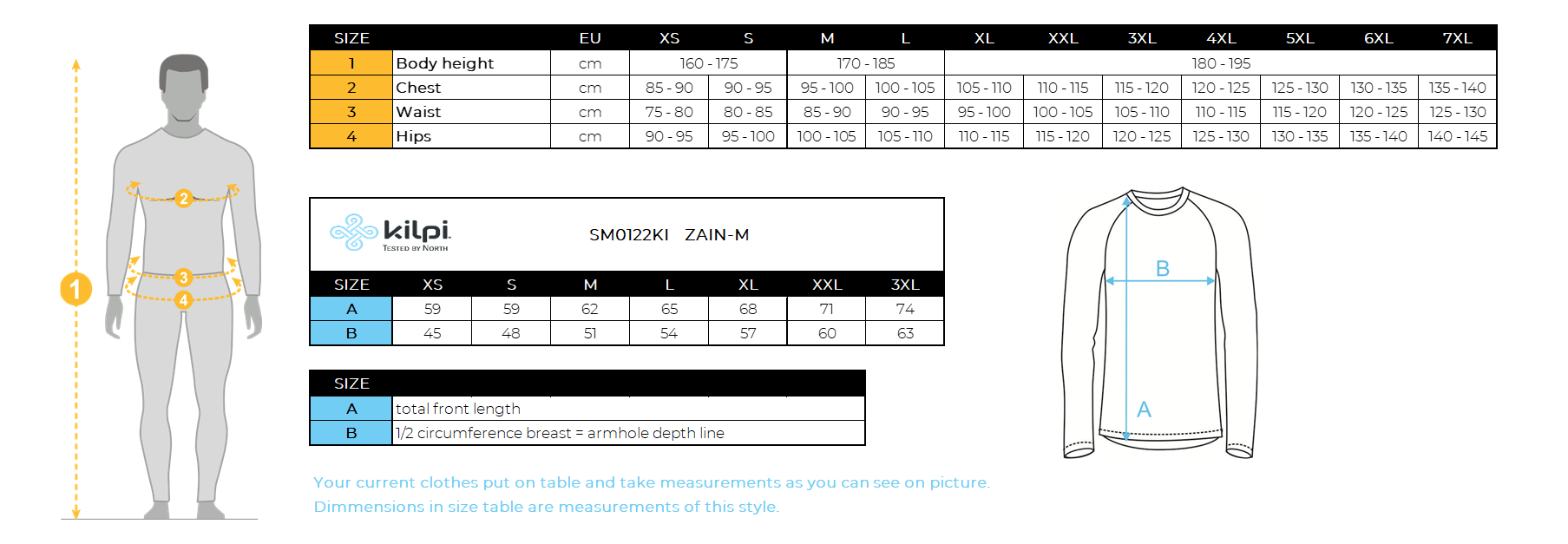 Herren-Softshelljacke Kilpi ZAIN-M – Größentabelle