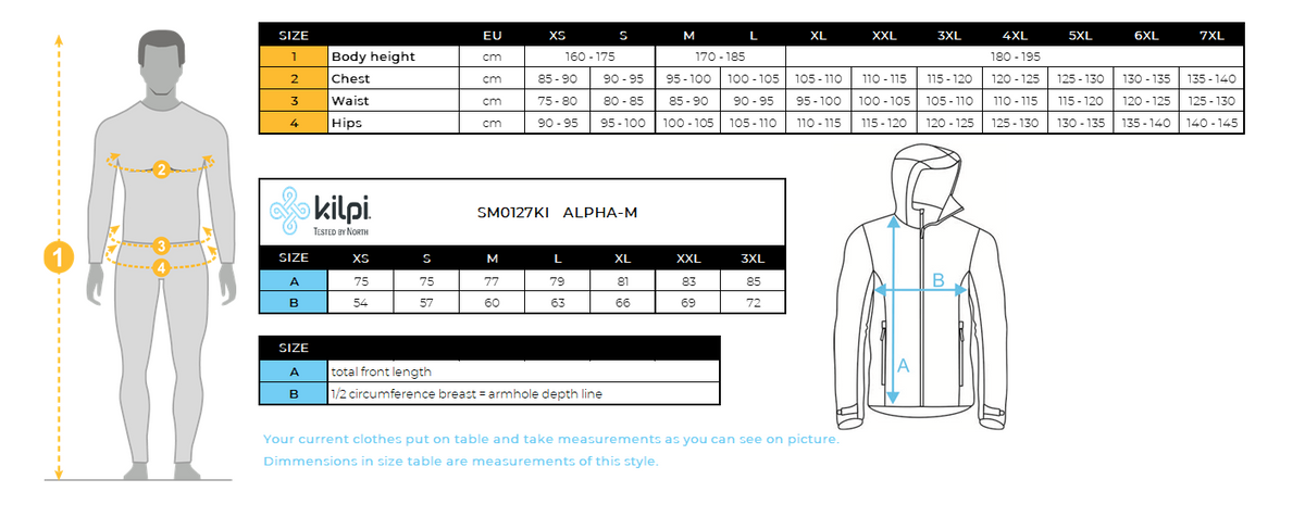 Herren-Winterjacke Kilpi ALPHA-M – Größentabelle