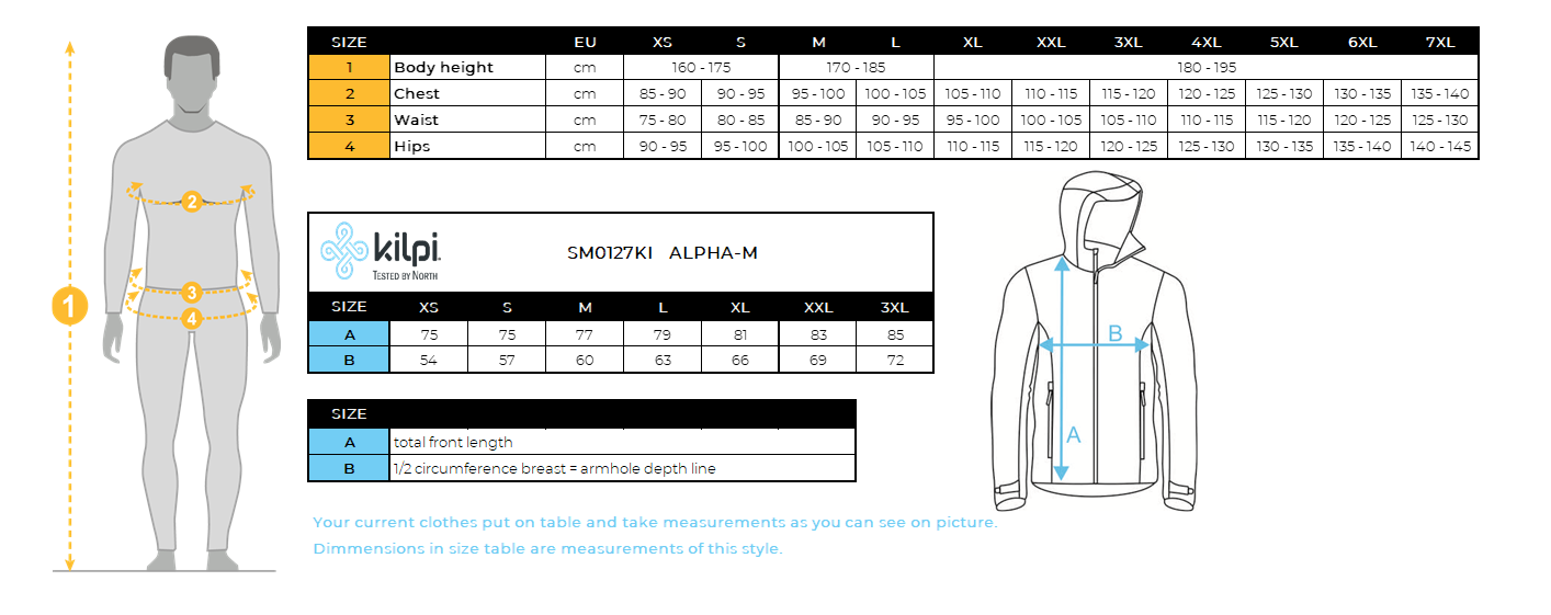 Herren-Winterjacke Kilpi ALPHA-M – Größentabelle