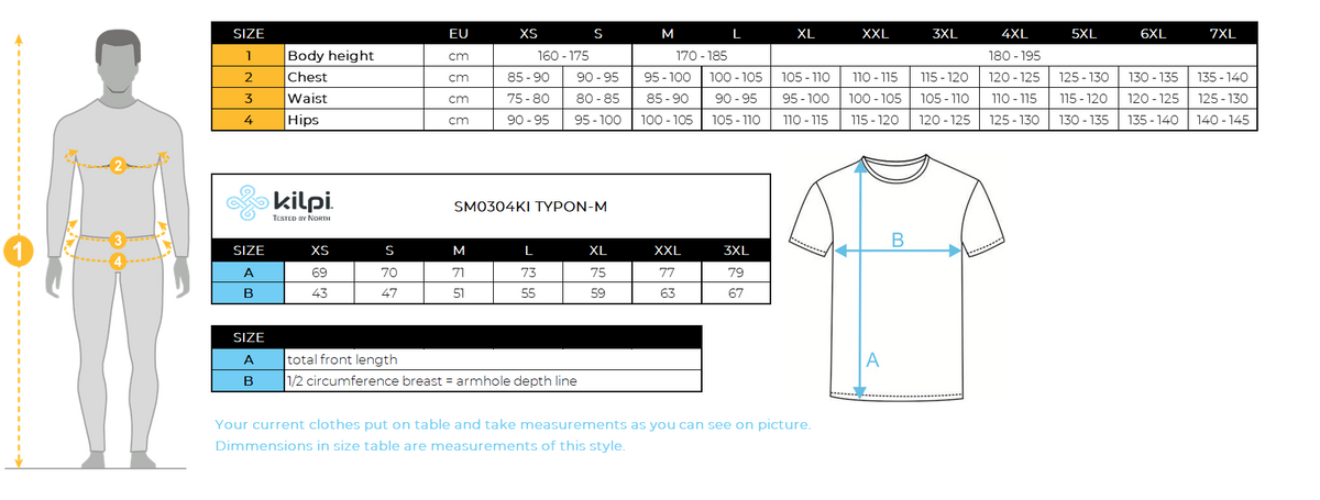 Herren Baumwoll-T-Shirt Kilpi TYPON-M – Größentabelle