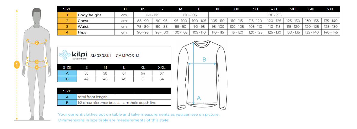 Herren Langarm-Radtrikot Kilpi CAMPOS-M – Größentabelle
