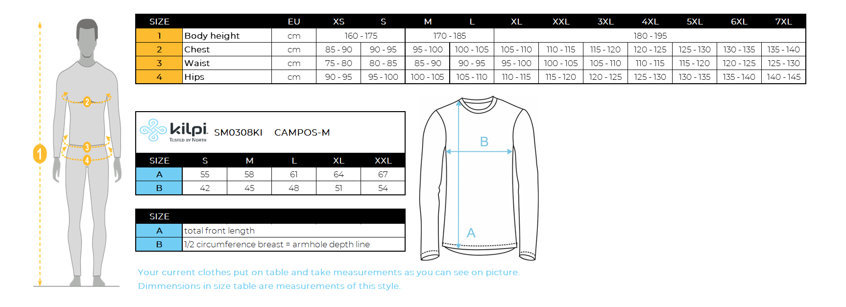Herren Langarm-Radtrikot Kilpi CAMPOS-M – Größentabelle