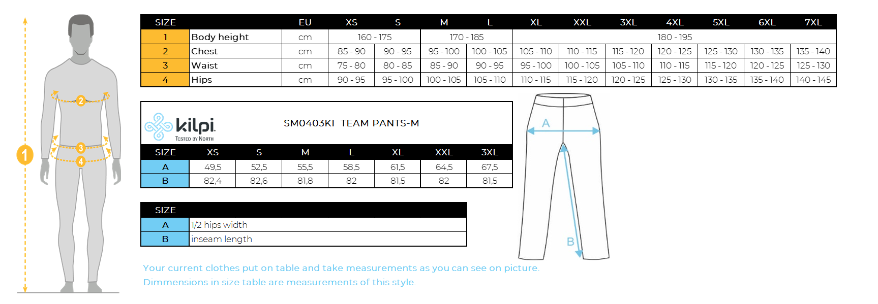 Herren Skihose Kilpi TEAM PANTS-M – Größentabelle