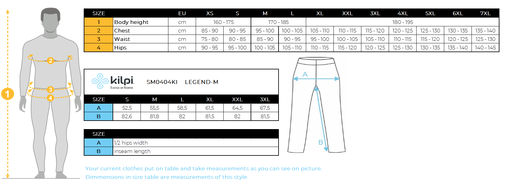 Herren-Skihose Kilpi LEGEND-M – Größentabelle
