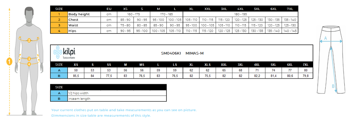 Herren-Skihose Kilpi MIMAS-M – Größentabelle