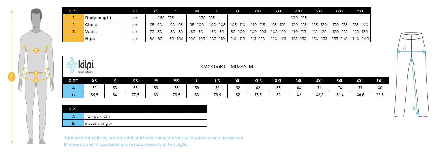 Herren-Skihose Kilpi MIMAS-M – Größentabelle