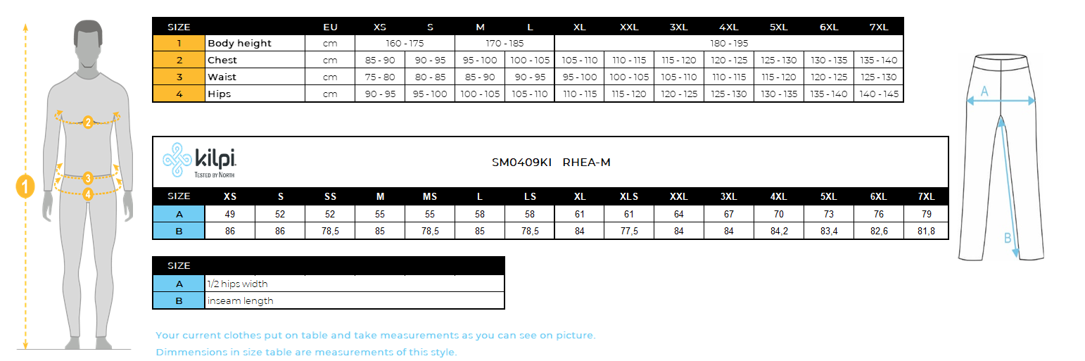 Herren-Softshell-Skihose Kilpi RHEA-M – Größentabelle