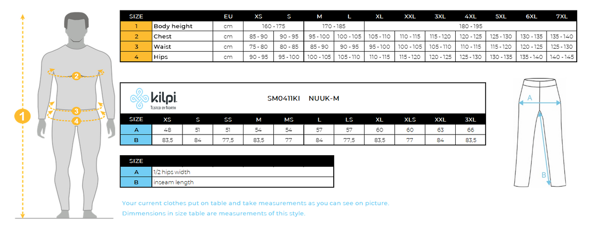 Men´s outdoor pants Kilpi NUUK-M – Size chart