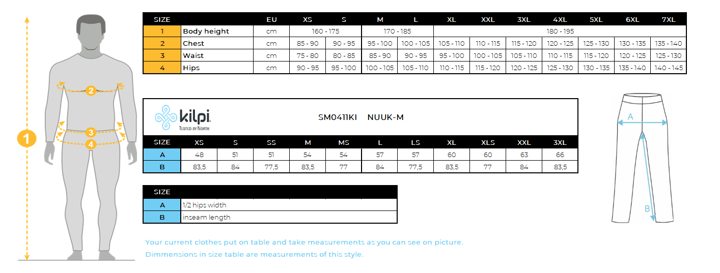 Men´s outdoor pants Kilpi NUUK-M – Size chart