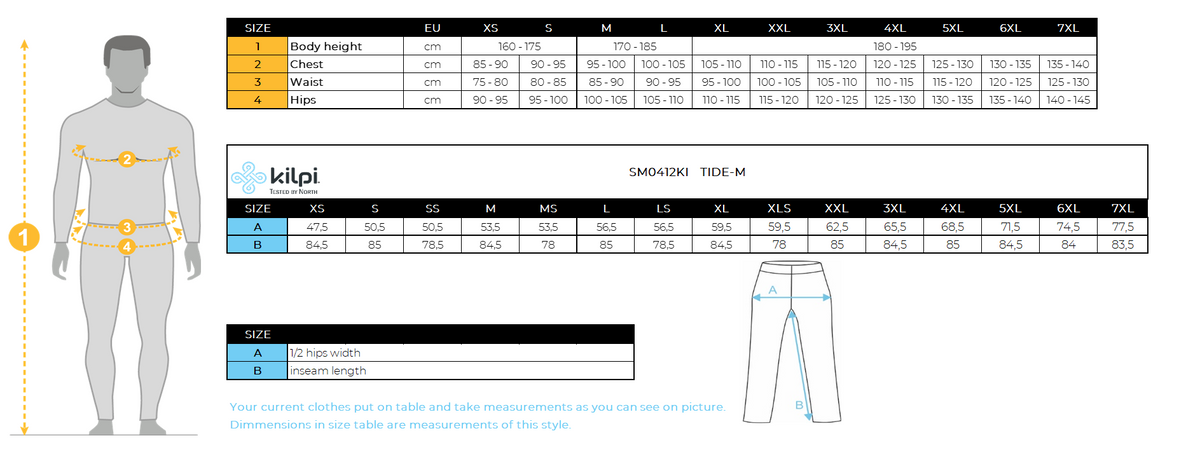 Men´s outdoor pants Kilpi TIDE-M – Size chart