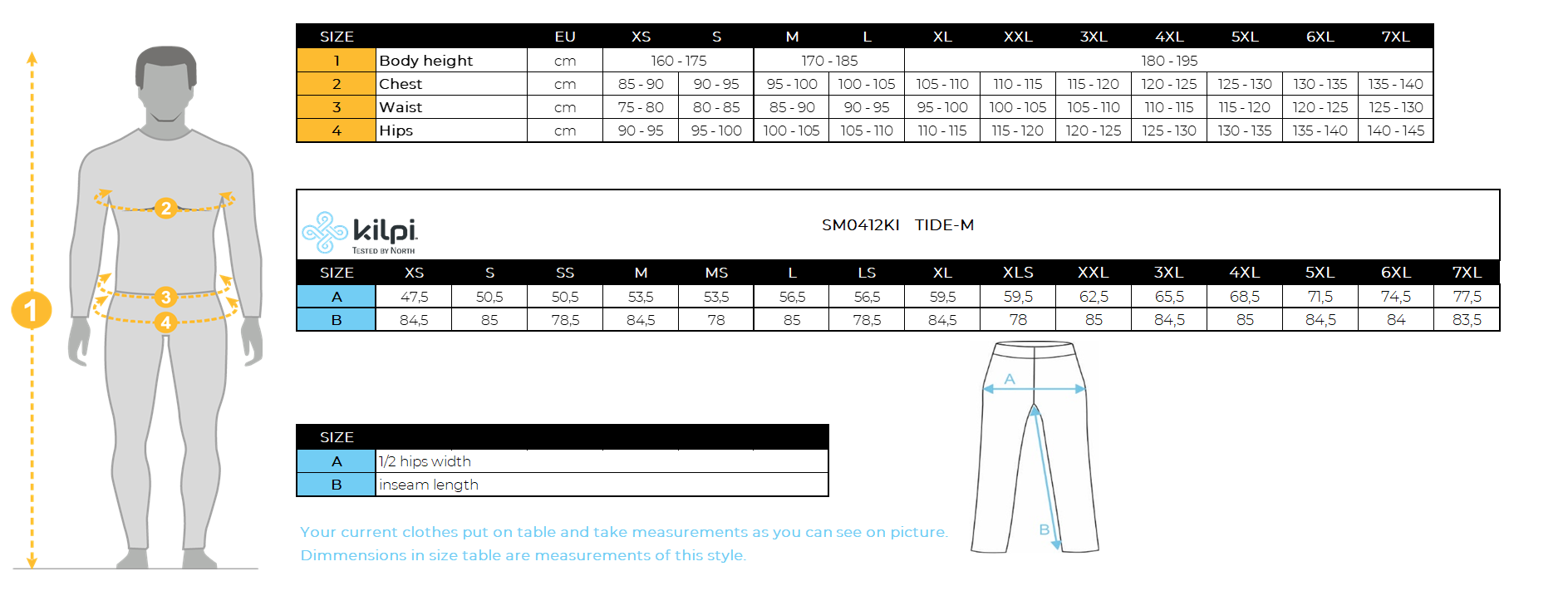 Men´s outdoor pants Kilpi TIDE-M – Size chart
