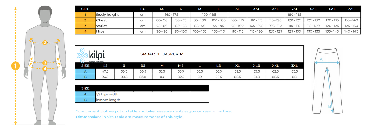 Herren-Outdoorhose Kilpi JASPER-M – Größentabelle