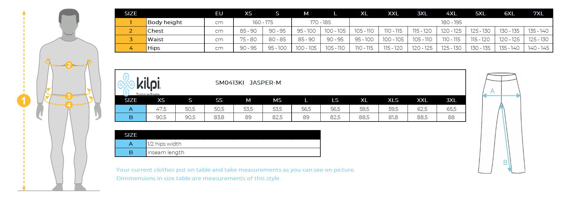 Herren-Outdoorhose Kilpi JASPER-M – Größentabelle