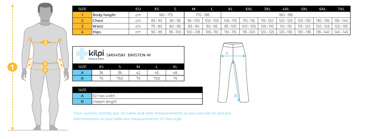 Men´s ski touring pants Kilpi BRISTEN-M – Size chart