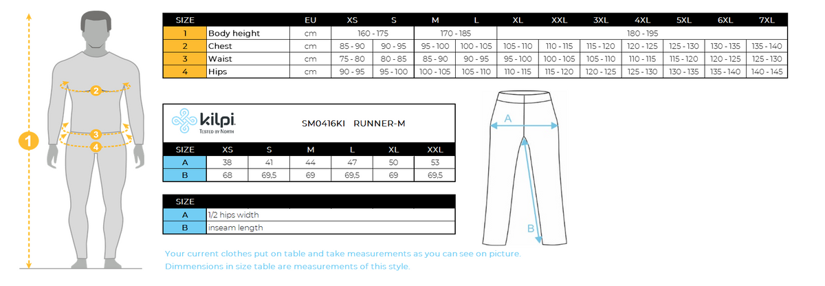 Men´s running leggings Kilpi RUNNER-M – Size chart
