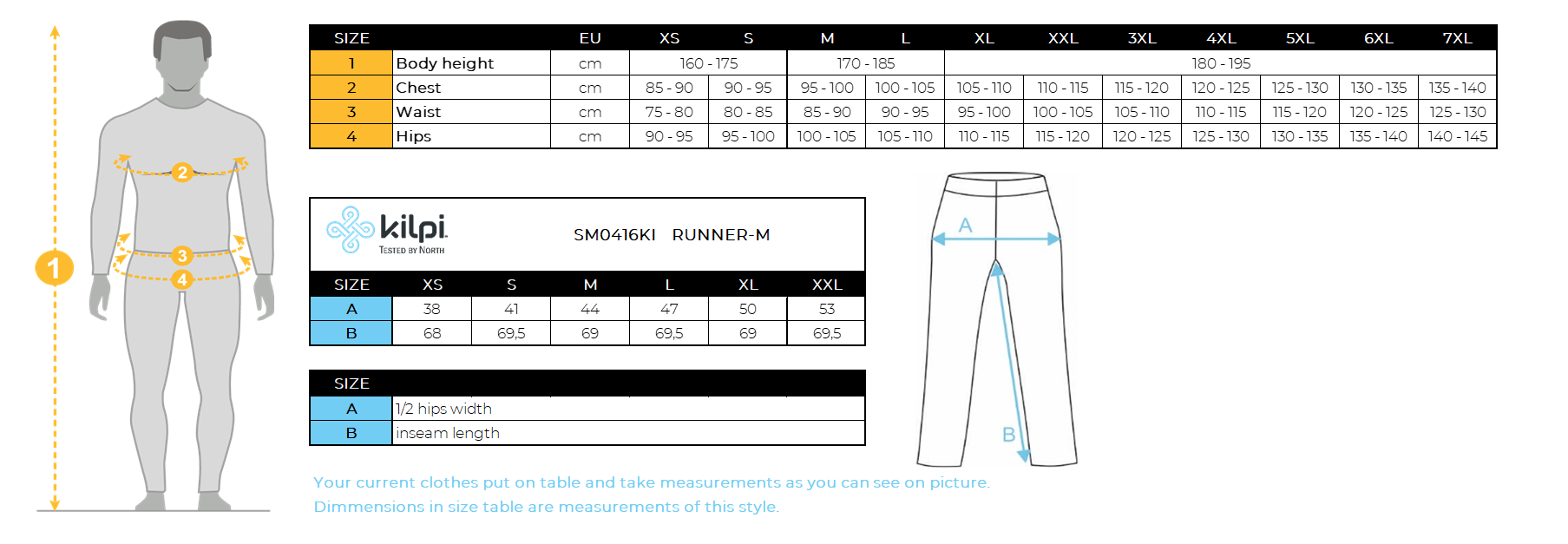 Men´s running leggings Kilpi RUNNER-M – Size chart