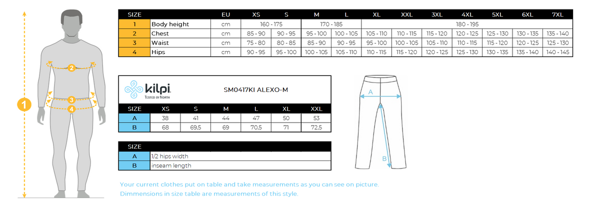 Men´s sporty leggings Kilpi ALEXO-M – Size chart