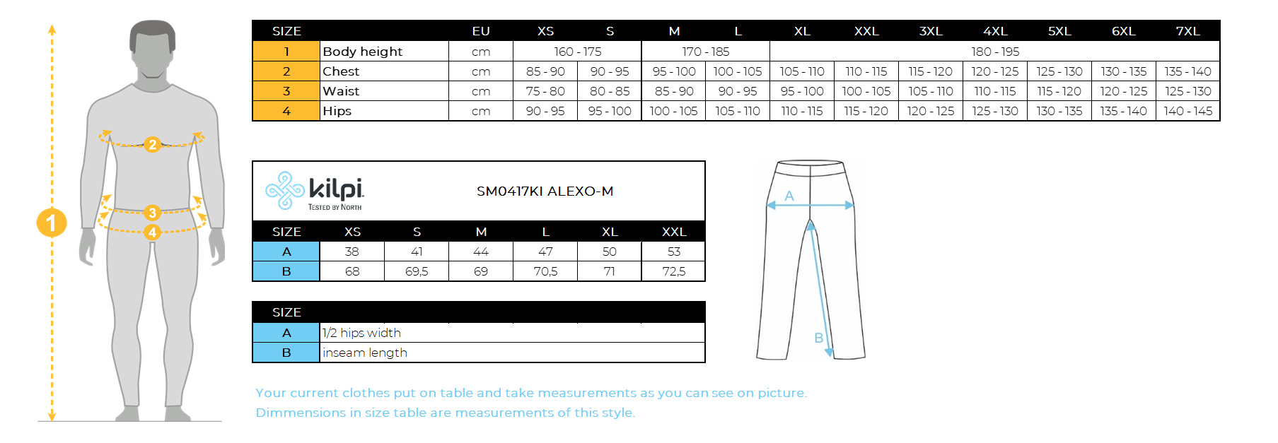 Men´s sporty leggings Kilpi ALEXO-M – Size chart