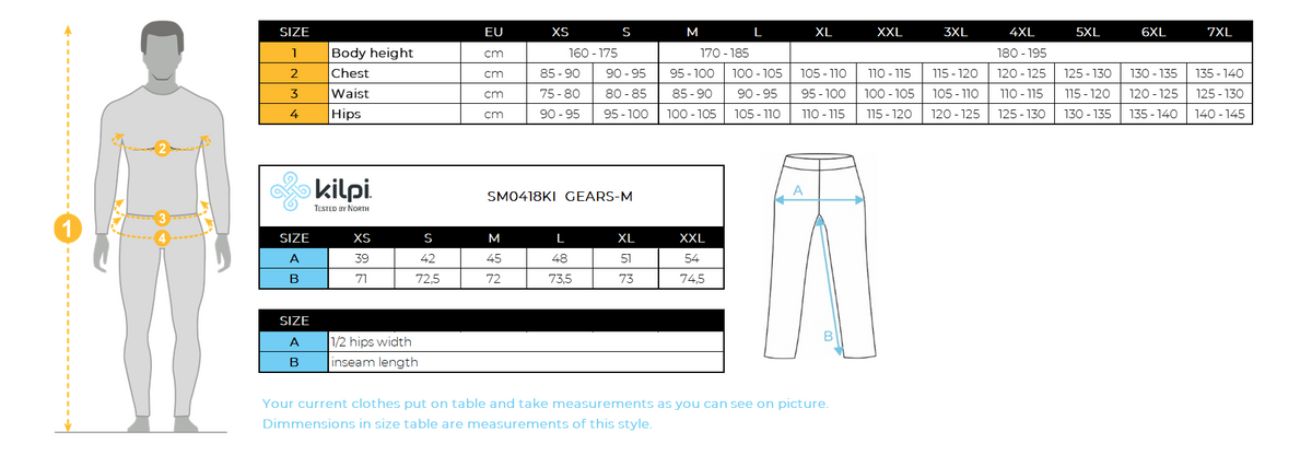 Men´s running leggings Kilpi GEARS-M – Size chart