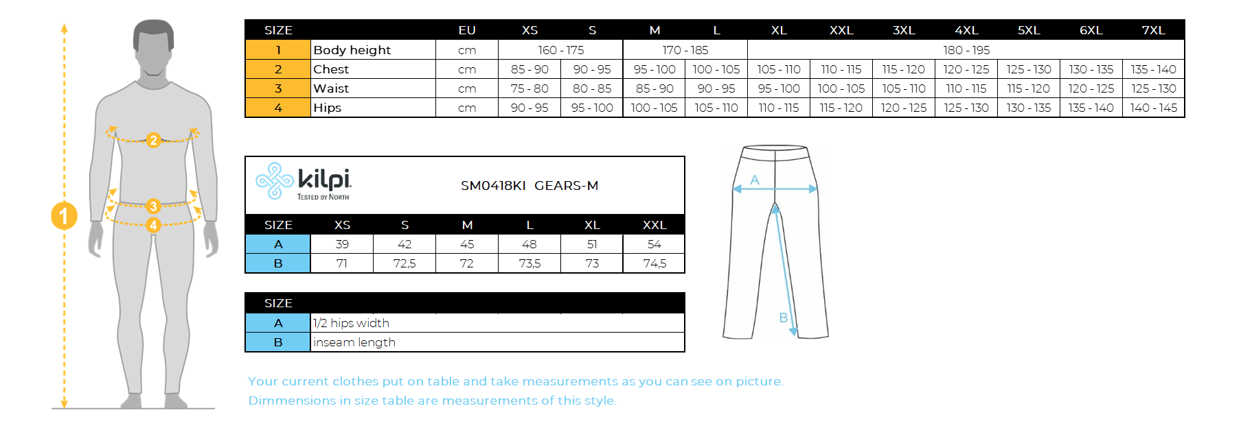 Men´s running leggings Kilpi GEARS-M – Size chart