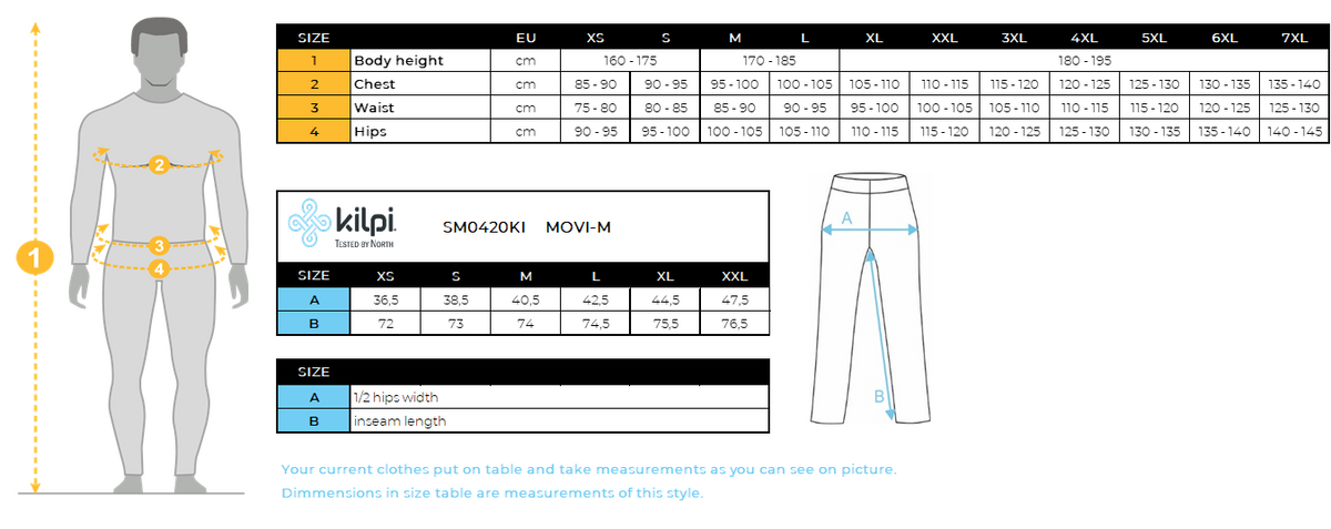 Herren-Radhose Kilpi MOVI-M – Größentabelle