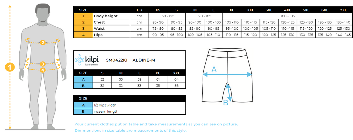 Men´s softshell shorts Kilpi ALDINE-M – Size chart