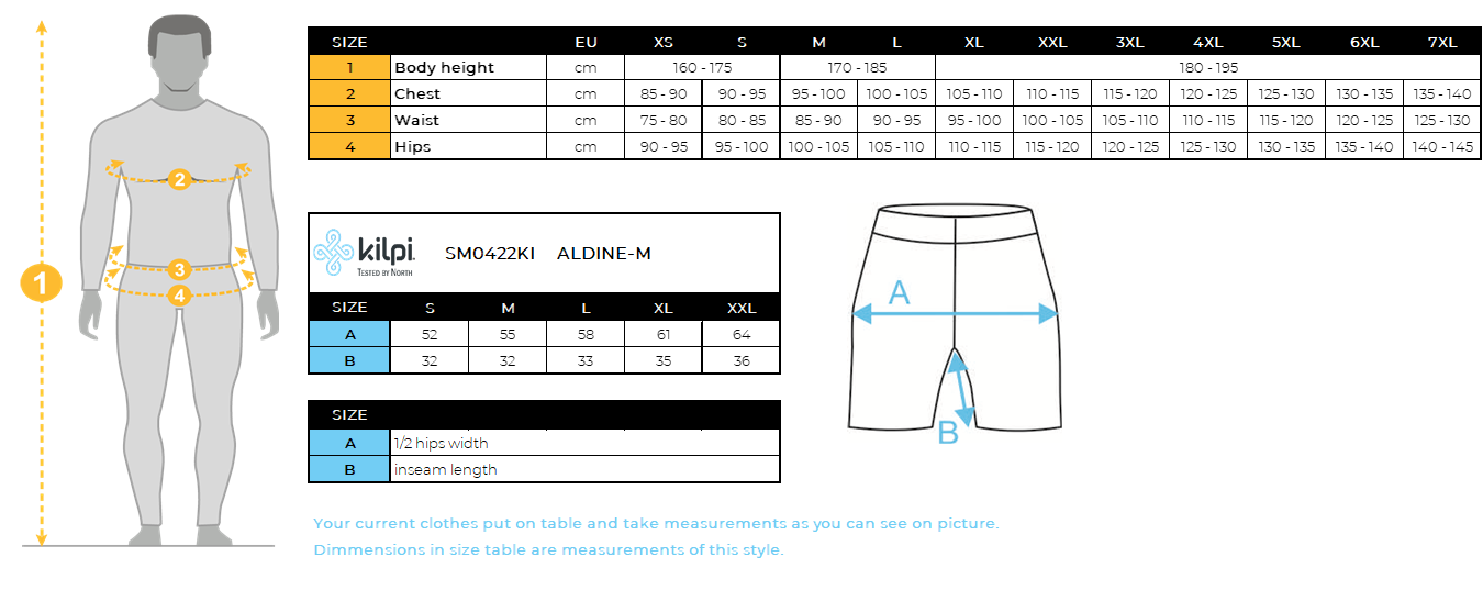 Men´s softshell shorts Kilpi ALDINE-M – Size chart