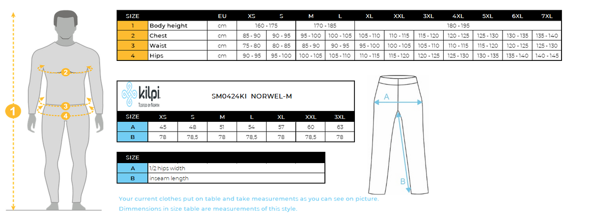 Men´s cross country pants Kilpi NORWELL-M – Size chart